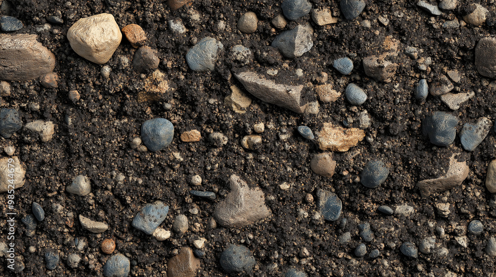 a seamless texture of mountain soil, with coarse particles and small stones in dark brown and grey tones, this rugged a seamless texture of mountain soil, with coarse particles and small stones in dark brown and grey tones, this rugged
