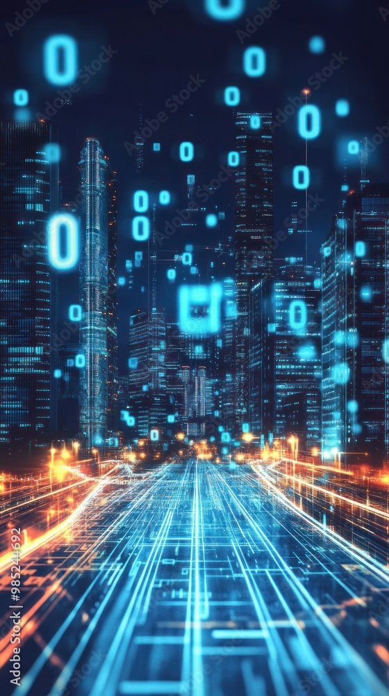 Fototapeta premium A futuristic cityscape with binary code overlay, symbolizing technology and digital innovation.