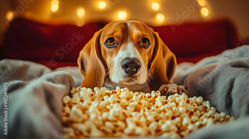 Dog with Popcorn on a Blanket - Realistic Image