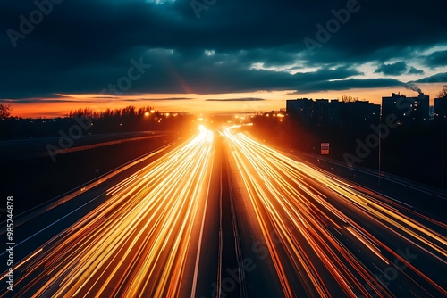 Abstract light trails on highway at sunset with city skyline in background
