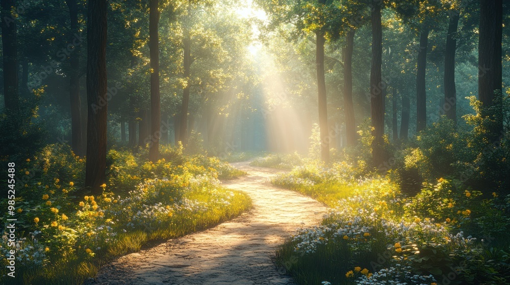 Obraz premium Serene forest path illuminated by sunlight through trees.