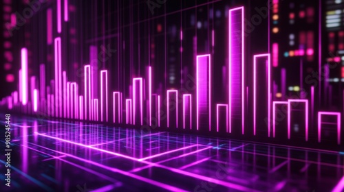 A vibrant digital visualization of data represented by neon bars and lines.