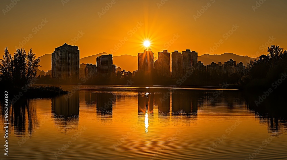 Sunset Silhouette of City Buildings Reflected in a Lake Sunset Silhouette of City Buildings Reflected in a Lake