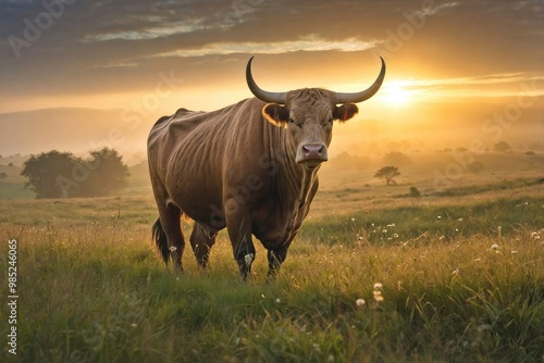 Bull Standing Proudly in a Rolling Green Meadow at Sunrise