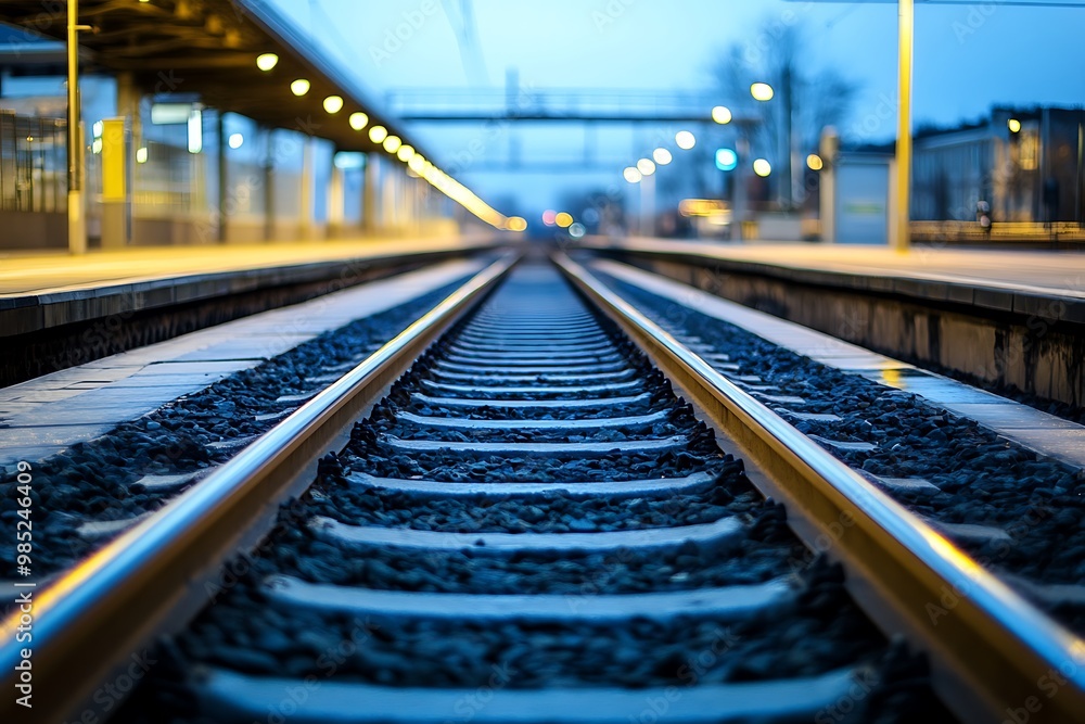 Train tracks vanishing into the distance at a train station with blue lighting. Train tracks vanishing into the distance at a train station with blue lighting.