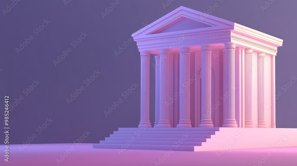 A stylized classical building with columns, illuminated in pink and purple hues. A stylized classical building with columns, illuminated in pink and purple hues.