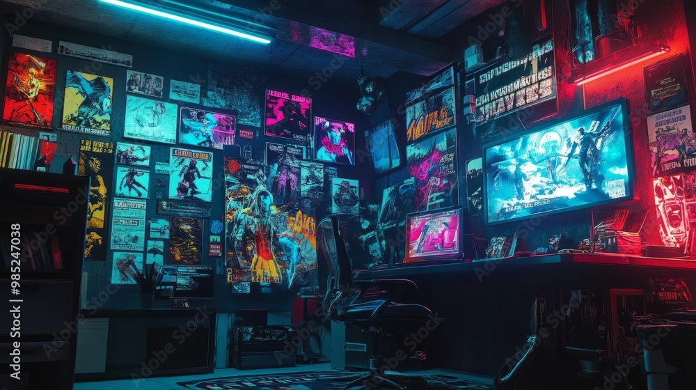Neon-lit Gaming Room with Wall Art Neon-lit Gaming Room with Wall Art