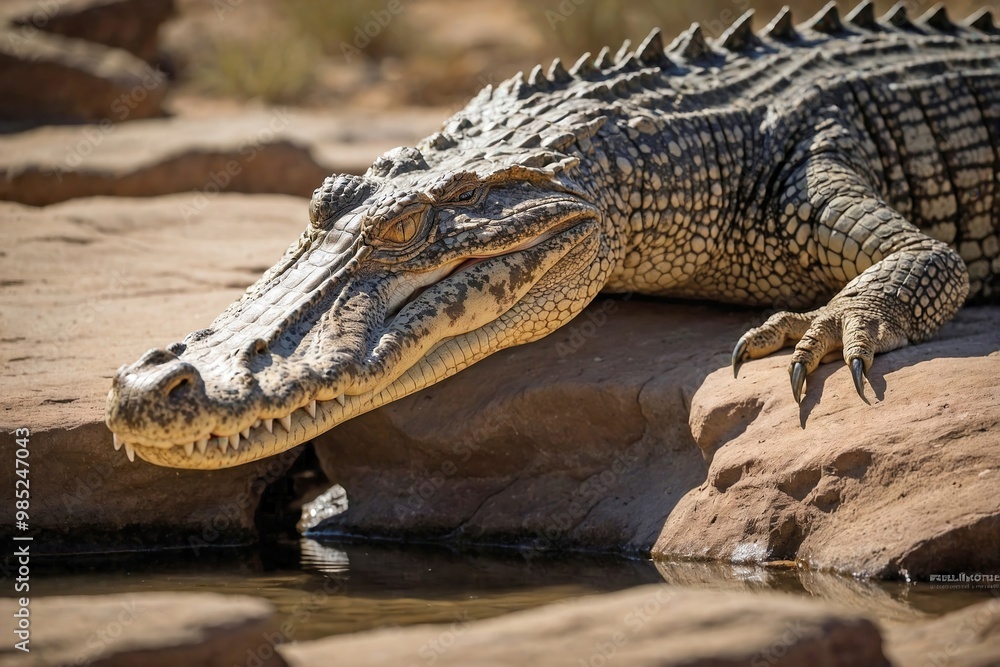 Crocodile Basking on a Rocky Outcrop in a Bright, Arid Landscape Crocodile Basking on a Rocky Outcrop in a Bright, Arid Landscape