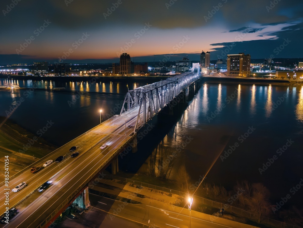 Fototapeta premium Aerial view of a bridge over calm water at night in Louisville, Kentucky, USA. Cars drive across, reflected lights shine on the water. A beautiful scene of urban landscape under night sky.