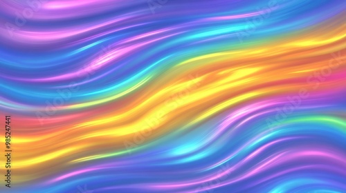 A vibrant abstract wave pattern with flowing colors of blue, purple, orange, and yellow.