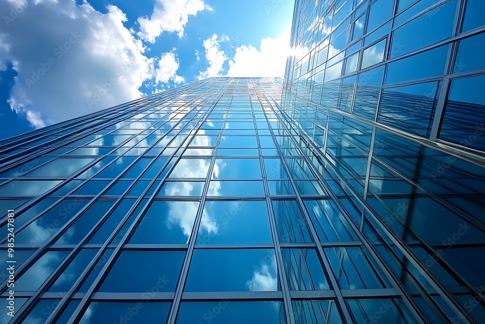 Modern Glass Skyscraper with Blue Sky and White Clouds Reflection Modern Glass Skyscraper with Blue Sky and White Clouds Reflection