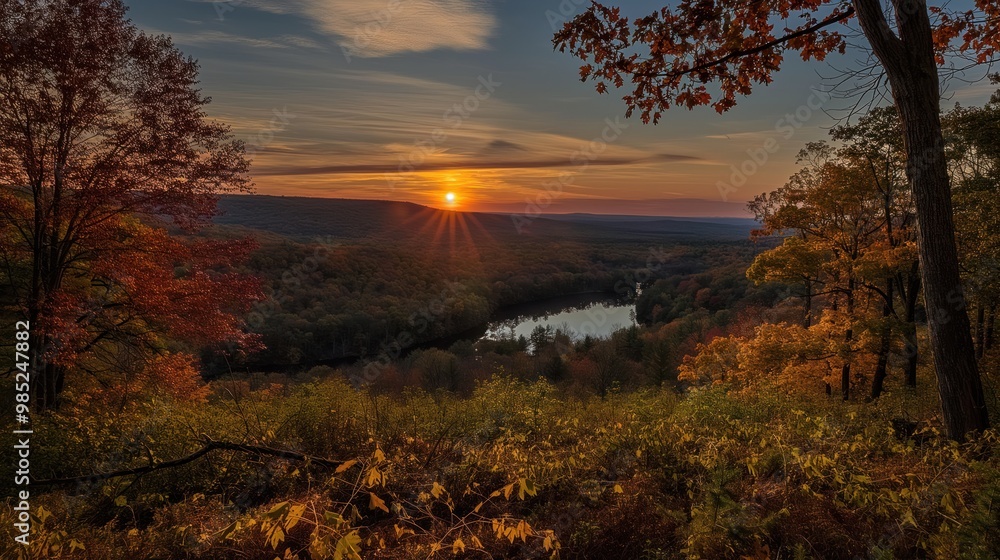 Fototapeta premium Aerial view of a serene autumnal landscape in Pocono Mountains. River flows gently past old stone buildings with a backdrop of vibrant fall foliage. Scenic view of lake and surrounding trees
