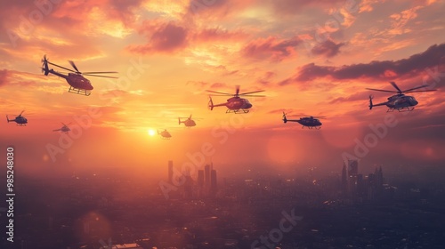 Helicopters Flying Over City at Sunset