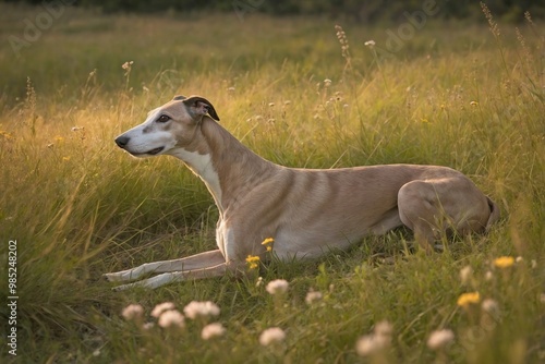 Greyhound Resting in a Meadow of Tall Grass and Wildflowers: A calm greyhound lying peacefully in a lush meadow filled with tall grass and scattered wildflowers.