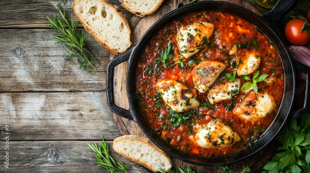 A rustic fish stew simmering in a cast-iron pot with rich tomato broth, surrounded by fresh bread and herbs on a wooden table. A rustic fish stew simmering in a cast-iron pot with rich tomato broth, surrounded by fresh bread and herbs on a wooden table.