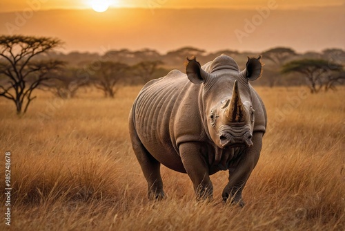 Rhinoceros in a Golden Savanna: A powerful rhinoceros standing majestically in the golden grasses of the African savanna during the golden hour.