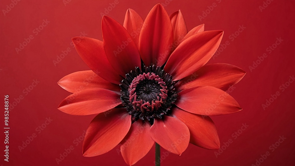 Single red flower with dark center on red background. Single red flower with dark center on red background.