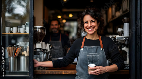 Smiling Barista Holding Coffee Cup - Photo