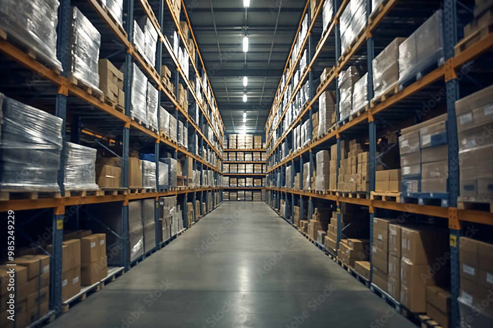 Long perspective view of a warehouse aisle with high shelves stocked with various goods. Long perspective view of a warehouse aisle with high shelves stocked with various goods.