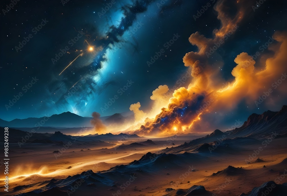Fototapeta premium A colorful, nebulous space scene with swirling clouds of gas and dust, illuminated by bright stars and glowing celestial bodies against a dark, starry background