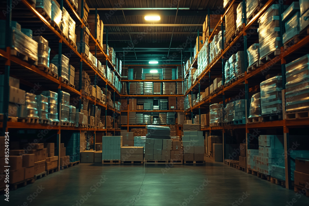 Long perspective view of a warehouse aisle with high shelves stocked with various goods. Long perspective view of a warehouse aisle with high shelves stocked with various goods.