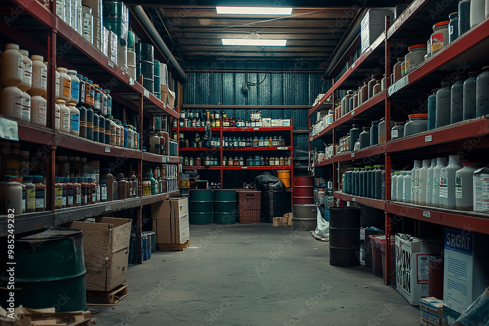 Long perspective view of a warehouse aisle with high shelves stocked with various goods. Long perspective view of a warehouse aisle with high shelves stocked with various goods.