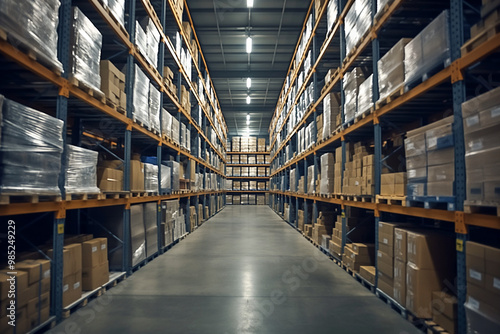 Long perspective view of a warehouse aisle with high shelves stocked with various goods.