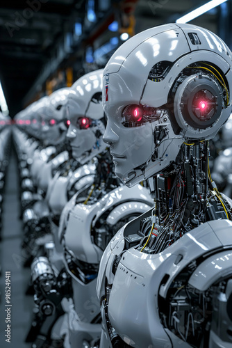 A factory filled with robots working autonomously on an assembly line, showcasing the efficiency and precision of AI in industrial settings