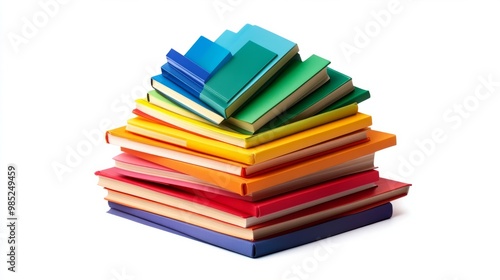 A stack of multi-colored textbooks neatly arranged in a pyramid shape, transparent background for easy customization.