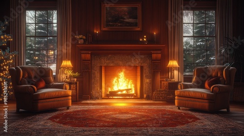 Cozy living room with a fireplace, warm lighting, and festive decor.