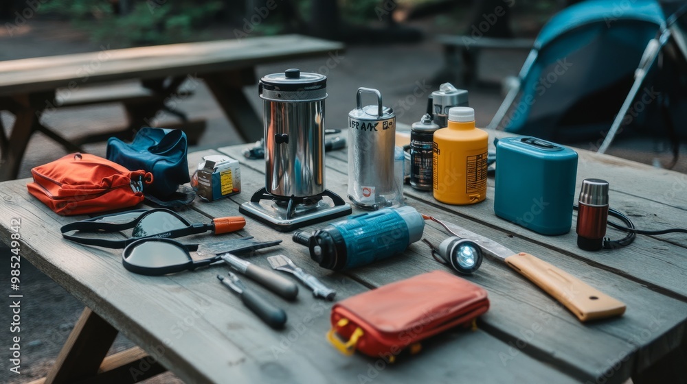 A variety of camping tools including a portable stove, mess kit, first aid kit, and headlamp spread out on a picnic table at a campsite in the wilderness. A variety of camping tools including a portable stove, mess kit, first aid kit, and headlamp spread out on a picnic table at a campsite in the wilderness.