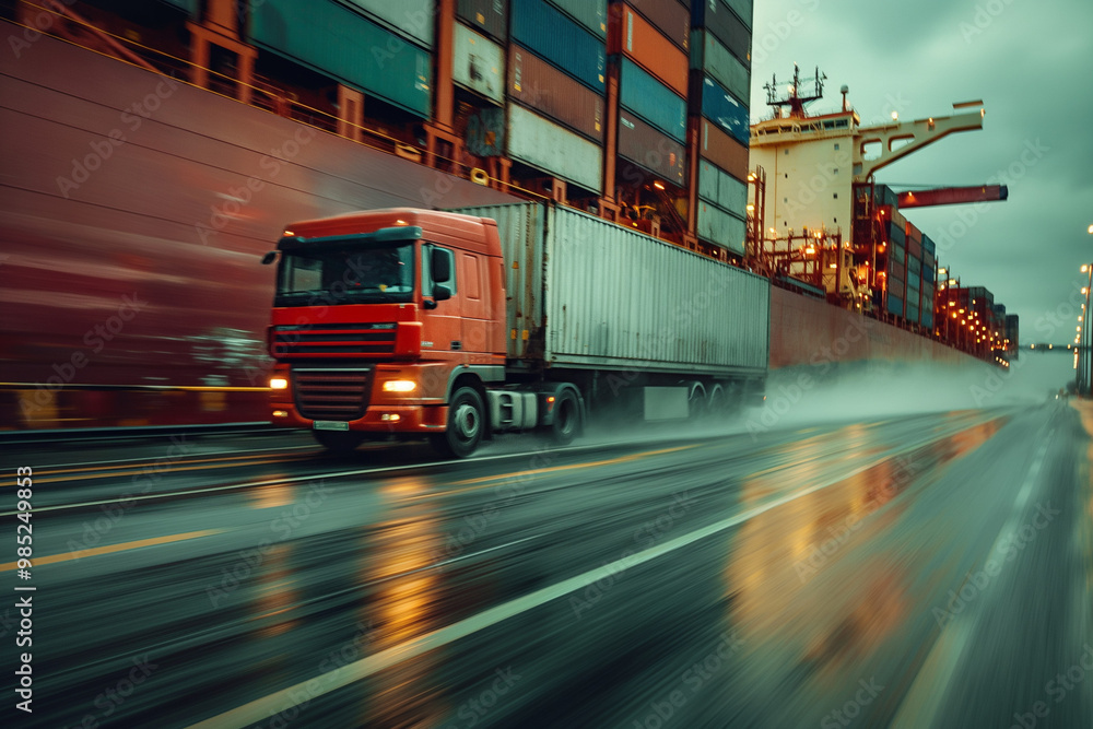 Dynamic image of a red semi truck driving through a shipping port on a rainy day, surrounded by cargo containers. Dynamic image of a red semi truck driving through a shipping port on a rainy day, surrounded by cargo containers.