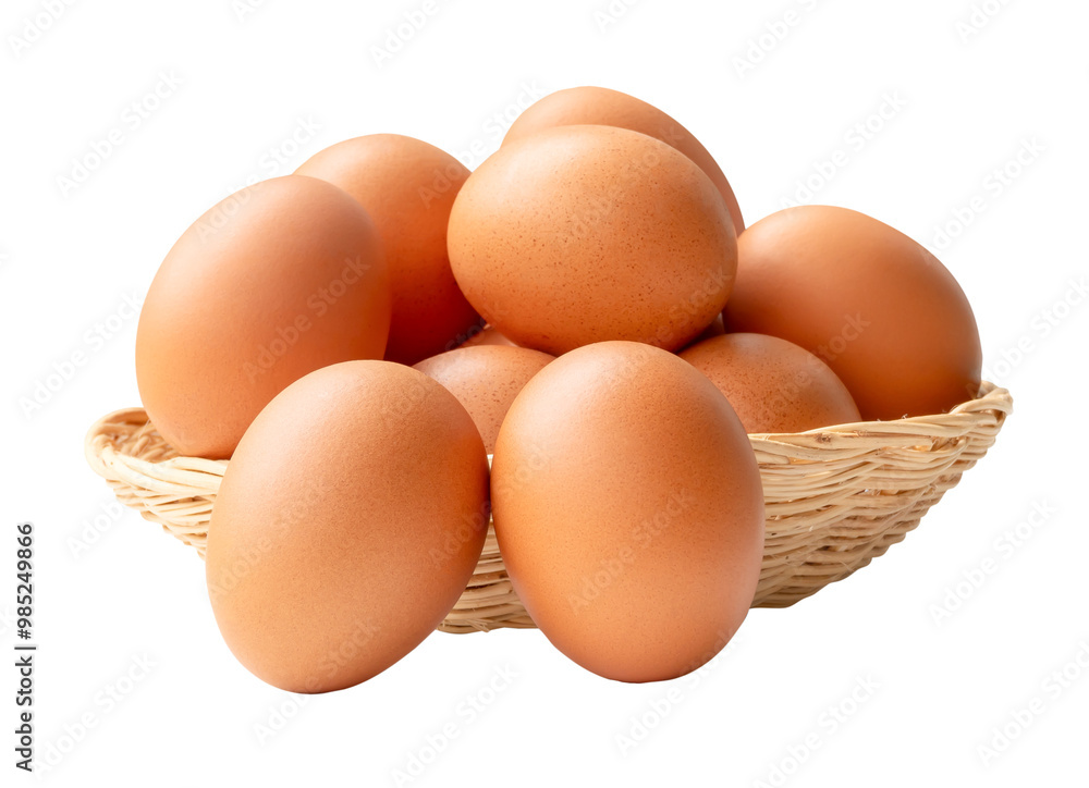 Group of fresh brown chicken eggs in stack in wicker basket isolated with clipping path in png file format Group of fresh brown chicken eggs in stack in wicker basket isolated with clipping path in png file format