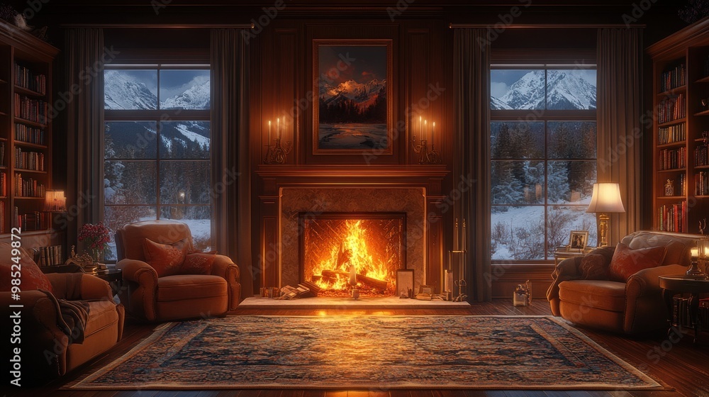 Cozy living room with a fireplace and mountain view.
