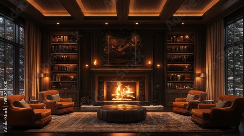 Cozy living room with a fireplace, bookshelves, and warm lighting.