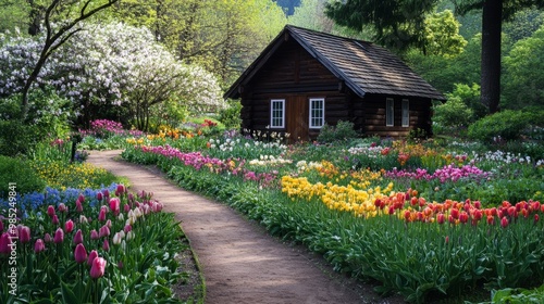 A traditional wood cabin nestled within a flower park, with pathways lined by colorful tulips, dahlias, and hydrangeas, providing a peaceful, scenic setting.