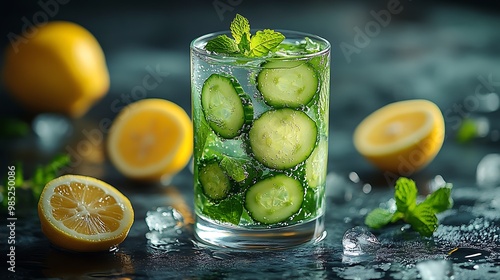 Refreshing cucumber, lemon, and mint infused water in a glass with ice.