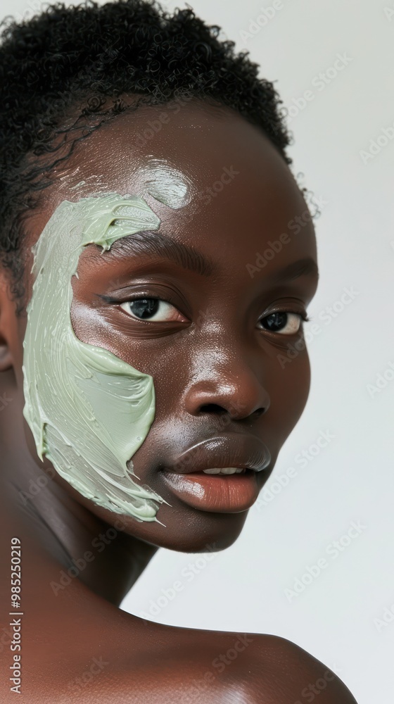 Dark-haired woman applies green cream on face in beauty studio setting. Eyes focused directly at camera, creating intimate, engaging composition. Blurred background draws attention to subject facial Dark-haired woman applies green cream on face in beauty studio setting. Eyes focused directly at camera, creating intimate, engaging composition. Blurred background draws attention to subject facial