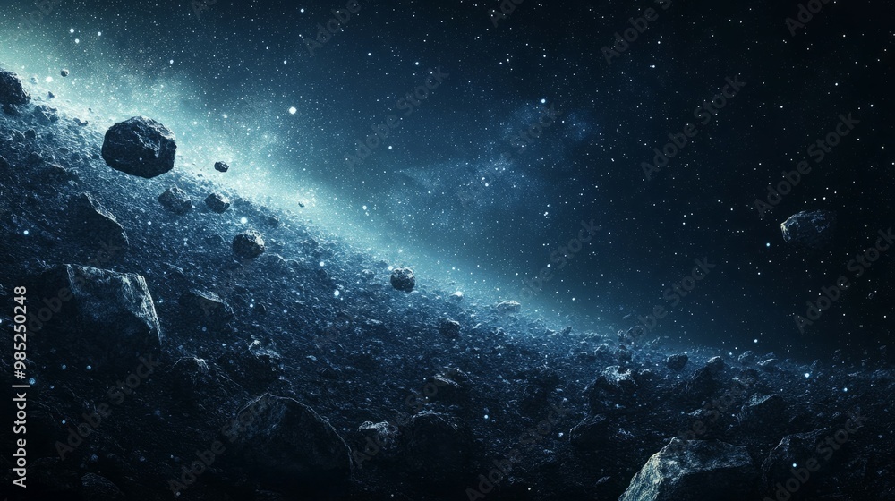 Fototapeta premium A field of asteroids in space, against a backdrop of stars.