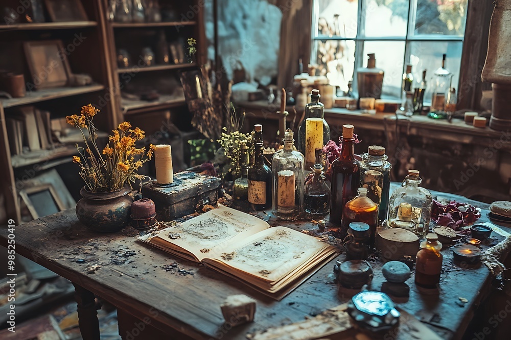 Old book, bottles, herbs and candles on a vintage table, interior of a potion maker, wizard, witch or alchemist workplace, mystical setting, fantasy background Old book, bottles, herbs and candles on a vintage table, interior of a potion maker, wizard, witch or alchemist workplace, mystical setting, fantasy background
