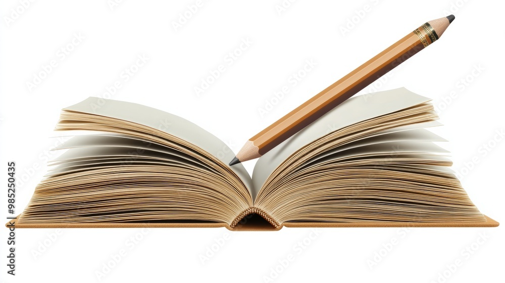 An open book with a pencil resting on top, symbolizing study and learning, isolated on a transparent background. An open book with a pencil resting on top, symbolizing study and learning, isolated on a transparent background.