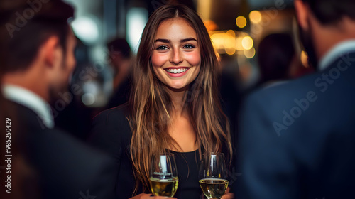 Smiling Woman Holding Wine Glass in a Social Setting - Realistic Image