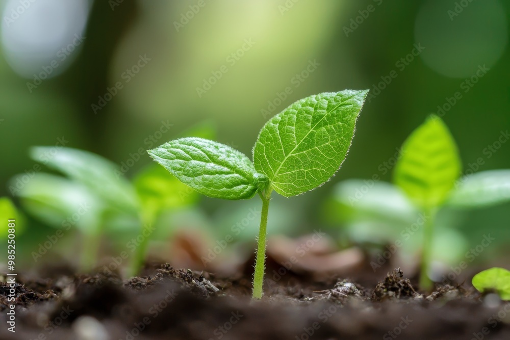 Naklejka premium Fresh green seedling emerging from rich soil, symbolizing growth, renewal, and nature's beauty in a vibrant ecosystem.