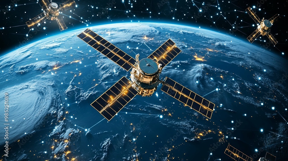 Satellites orbiting Earth with a network of connections Satellites orbiting Earth with a network of connections