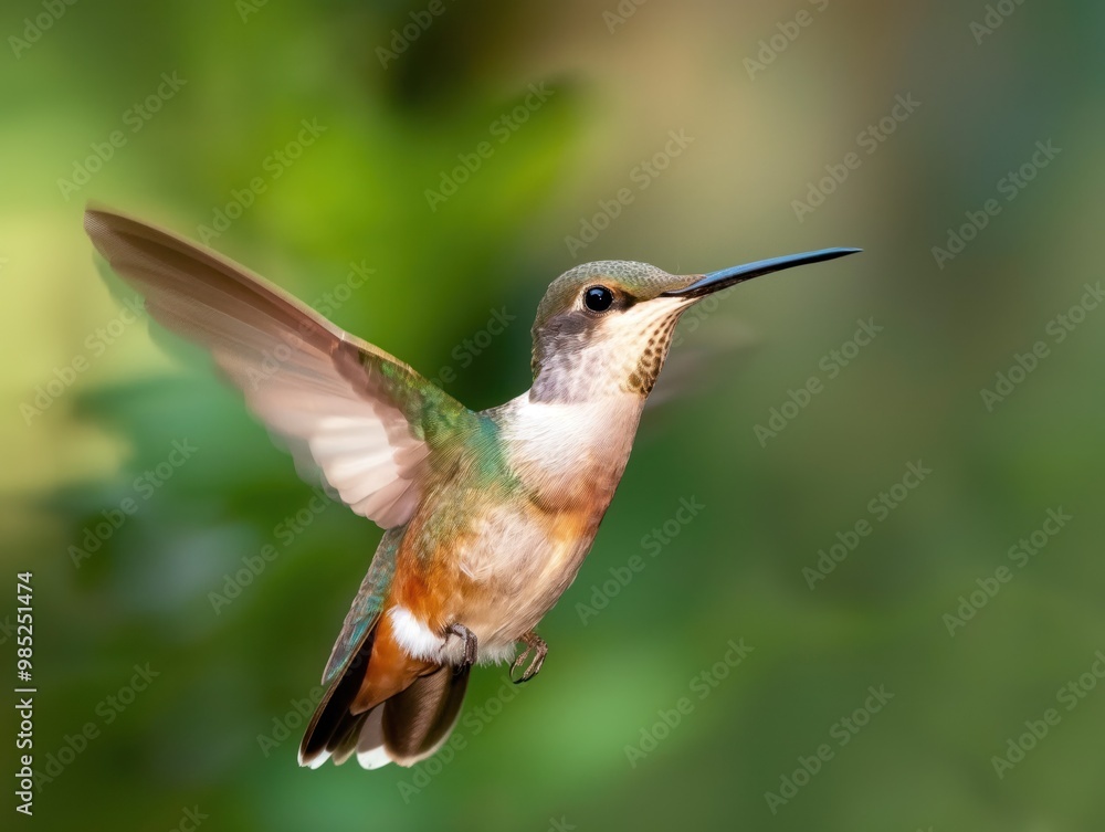 Fototapeta premium Close-up of a Snowy-bellied hummingbird in flight. The bird wings move quickly, its beak and feathers are vibrant and colorful. The background is blurred, focusing attention on the hummingbird beauty.