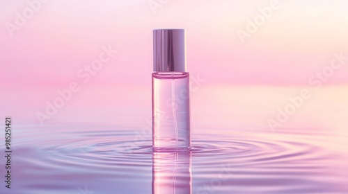 a minimalist clear serum bottle standing on a smooth background