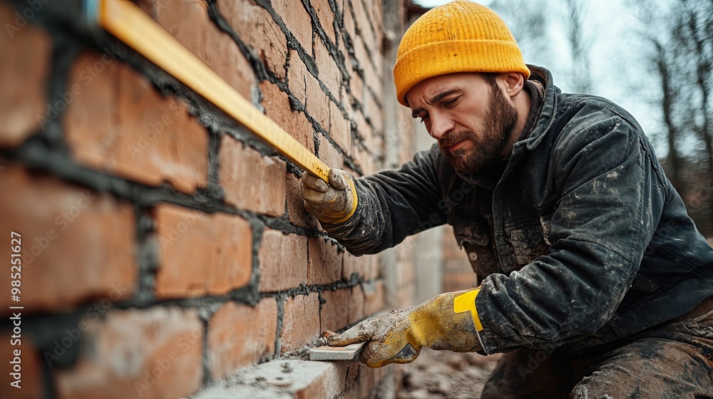 Construction Worker Measuring Brick Wall With Level Construction Worker Measuring Brick Wall With Level