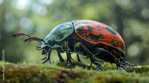 Close-Up of a Vibrant Beetle in a Lush Forest Setting