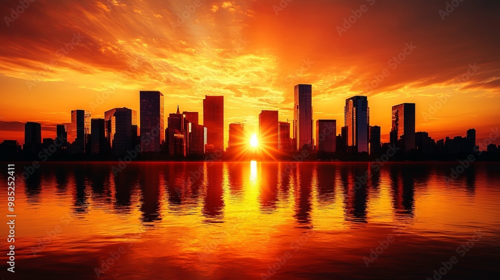 Naklejka premium A city skyline silhouetted against a fiery sunset with the sun reflecting off the water