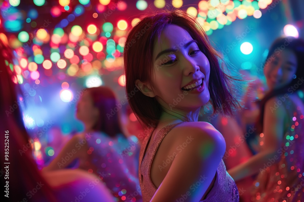 Asian woman dancing at nightclub with friends in colorful lights. Wearing pink dress, holds drink, raises arm in playful gesture amidst party-goers. Vibrant atmosphere, dynamic movement create lively Asian woman dancing at nightclub with friends in colorful lights. Wearing pink dress, holds drink, raises arm in playful gesture amidst party-goers. Vibrant atmosphere, dynamic movement create lively